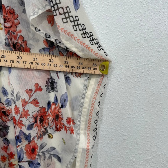 Maurices Women LXL Floral Print Sheer Kimono Cardigan White Coral Blue Lace Trim - Picture 5 of 7